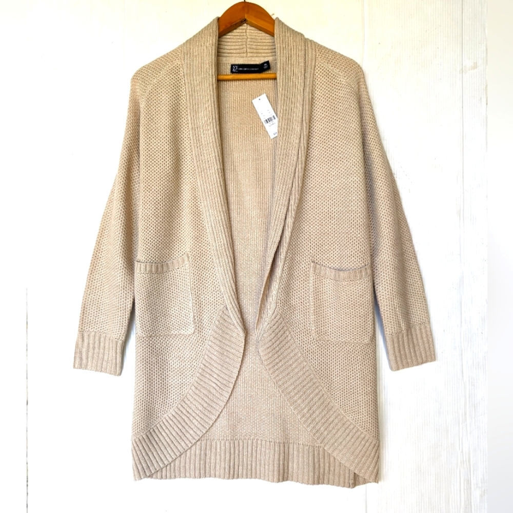 NY & Company Women's long line shawl collar tan knit cardigan sweater Size XS